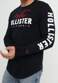Black long-sleeve shirt with white "HOLLISTER" text on sleeves and chest, red logo accent, rounded hem, and soft cotton texture.