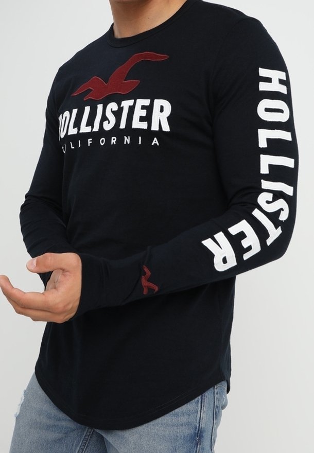 Black long-sleeve shirt with white "HOLLISTER" text on sleeves and chest, red logo accent, rounded hem, and soft cotton texture.