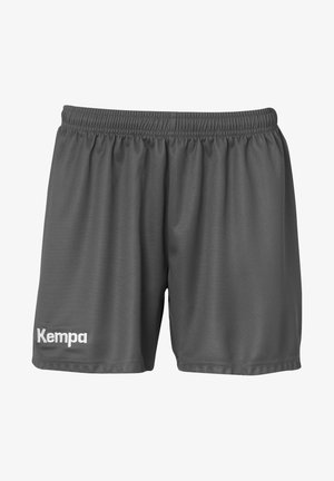 Pantalones cortos deportivos grises de tejido ligero, con una cinturilla elástica y el logo blanco de "Kempa" en la parte inferior izquierda.