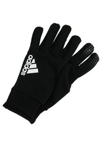 Zwarte sporthandschoenen van zacht stof, met een gestructureerde grip op de vingertoppen en een opvallend wit Adidas-logo op de achterkant.