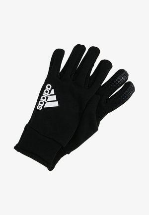 Guantes deportivos negros hechos de tela suave, con un agarre texturizado en los dedos y un prominente logotipo blanco de Adidas en la parte posterior.