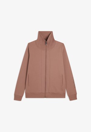 Veste mauve zippée avec col montant côtelé, deux poches avant, manches longues et un motif de texte subtil sur la manche droite.