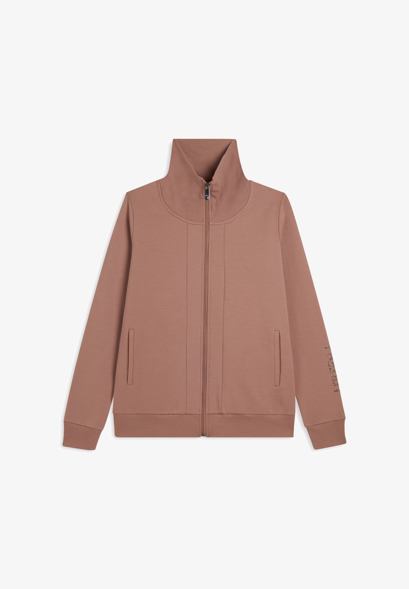 Veste mauve zippée avec col montant côtelé, deux poches avant, manches longues et un motif de texte subtil sur la manche droite.