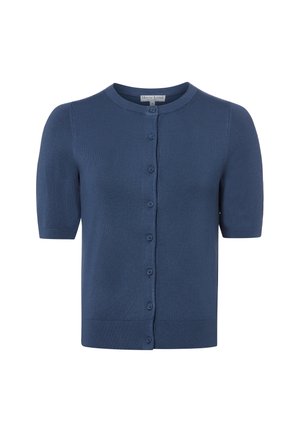 Short-sleeve navy blue button-up cardigan with round neckline and ribbed hem and cuffs.