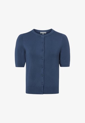 Kurzärmeliger marineblauer Strickcardigan mit Knopfleiste, rundem Ausschnitt und geripptem Saum sowie Bündchen.