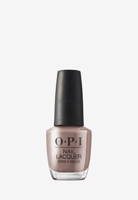 OPI nagellak in een lichte beige tint, vierkante glazen fles met een ronde zwarte dop, gladde glanzende oppervlakte, gelabelde voorkant.