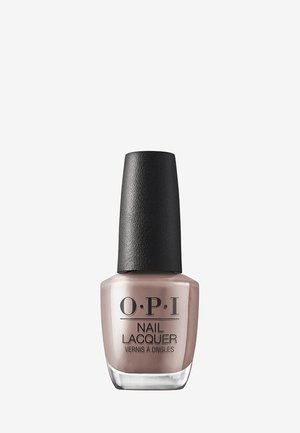 OPI nagellak in een lichte beige tint, vierkante glazen fles met een ronde zwarte dop, gladde glanzende oppervlakte, gelabelde voorkant.