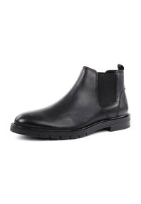 Stivale Chelsea in pelle nera con finitura testurizzata, pannelli laterali elasticizzati e suola in gomma resistente, progettato per essere indossato facilmente.