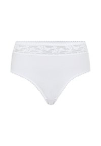 Weiße, hochgeschnittene Unterwäsche aus weicher Baumwolle, mit einem Blumen-Spitzenbesatz entlang des Taillenbundes und zarten Picot-Kanten.