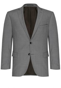 Gray blazer with a textured fabric, two-button closure, notched lapels, side pocket, and dark polka dot lining.