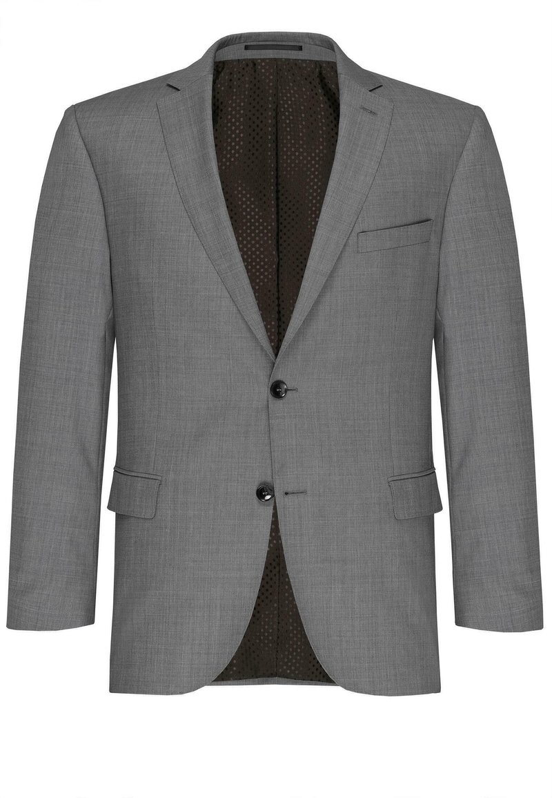 Gray blazer with a textured fabric, two-button closure, notched lapels, side pocket, and dark polka dot lining.