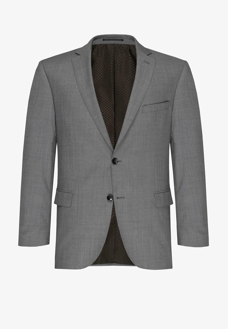 Gray blazer with a textured fabric, two-button closure, notched lapels, side pocket, and dark polka dot lining.