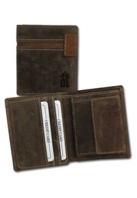 Brown leather wallet with a smooth finish, featuring one outer card slot, three inner slots, and embossed design. Interior has a worn texture.