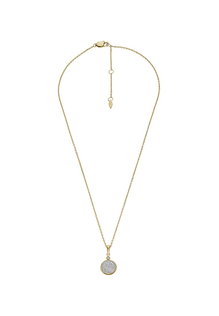 Złota naszyjnik z łańcuszka z okrągłym wisiorkiem o teksturowanej srebrnej powierzchni i małą pętelką do mocowania.