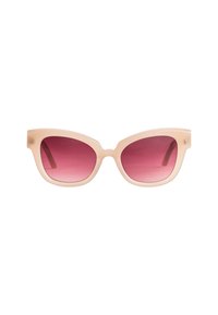 Gafas de sol tipo ojos de gato con una montura translúcida de color rosa claro y lentes degradados en tono rosa. Presentan patillas rectas y una textura suave.