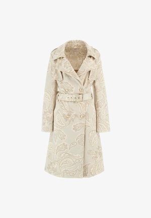 Helebeež trensh, millel on paisley mustriga kahekordne nööpide rida, laiad kraed, nööbitud vöökoht ja struktureeritud varrukad.