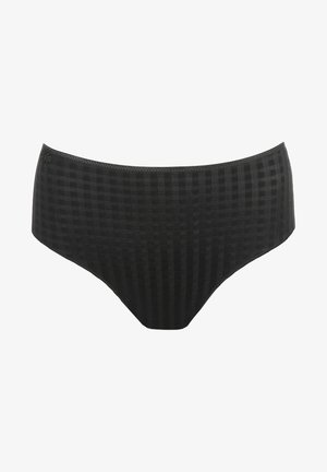 Schwarze hochgeschnittene Bikinihose mit kariertem Muster, weichem Stoff, elastischem Bund und ohne sichtbare Befestigungen oder Akzente.