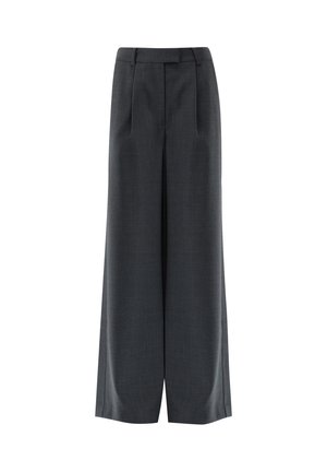 Gray wide-leg trousers with a high waist, pleated front, and sleek fabric texture. Tailored design with a smooth finish.