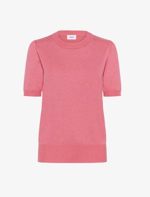 Roze korte mouw pullover trui met een ronde halslijn, geribbelde randen en licht poffende mouwen, vervaardigd uit zachte, gladde stof.