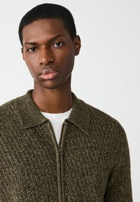 Mladý muž s krátkymi vlasmi, oblečený v textúrovanej svetlozelenej mikine na zips, pod ktorou má bielu košeľu, na jednofarebnom svetlom pozadí.