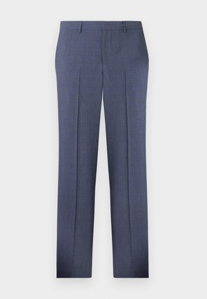 Pantaloni blu su misura con un motivo a quadri testurizzato, caratterizzati da un taglio dritto, pieghe e tasche laterali. Realizzati in un tessuto leggero.