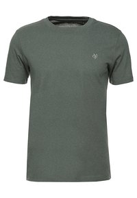 Dunkelgrünes T-Shirt mit kurzen Ärmeln, aus weichem Stoff, mit einem kleinen Logo auf der linken Brust und einem Rundhalsausschnitt. Einfaches Design.