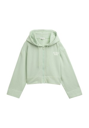 Sudadera corta de color verde claro con cremallera frontal, capucha ajustable con cordón y la inscripción "SUNNY SIDE" en blanco. Fabricada con un tejido suave y texturizado.