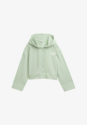 Hellgrüne, taillierte Kapuzenjacke mit einem Reißverschluss auf der Vorderseite, Kordelzug-Kapuze und dem Aufdruck "SUNNY SIDE" in Weiß. Hergestellt aus weichem, strukturiertem Stoff.