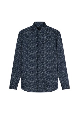 Herren Langarm dunkelblaues Hemd mit hellblauem Blumenmuster und klassischem Kragen.