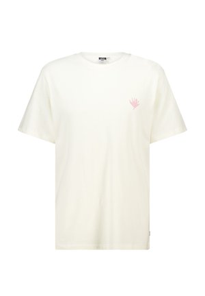 Weißes Baumwoll-T-Shirt mit Rundhalsausschnitt und kurzen Ärmeln. Auf der linken Brustseite befindet sich eine kleine pinke Handgrafik. Einfaches Design, keine Muster.