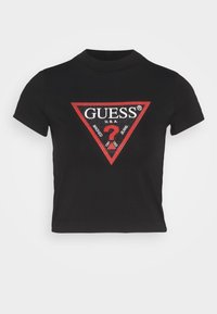 Schwarzes, kurzes T-Shirt mit rundem Halsausschnitt. Mit einem roten dreieckigen Logo-Design in der Mitte, das weißen und schwarzen Text zeigt.