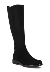 Czarne wysokie kozaki z zamszu, o eleganckim designie, zaokrąglonym nosku oraz niskim, sfinowanym obcasie z błyszczącym wykończeniem.