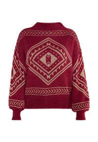 Pulover roșu tricotat cu o textură moale, având un model geometric de culoare aurie. Mânici largi și un guler înalt accentuează designul său relaxat.