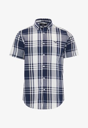 Korte mouwen geruite blouse in marineblauw en wit. Gemaakt van een textuurstof met een button-down kraag en geborduurd logo op de borst.