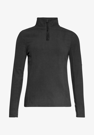 Zwarte fleece pullover met een hoge kraag, halve ritssluiting aan de voorkant, lange mouwen en een gladde textuur. Subtiele logodetail op de borst.