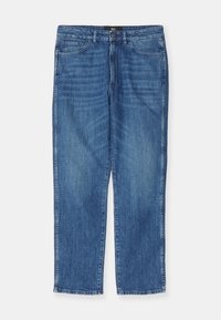 Modré džíny rovného střihu z denimu s předními kapsami, poutky na opasek, zapínáním na knoflík a s vybledlými detaily na stehnech a kolenou.
