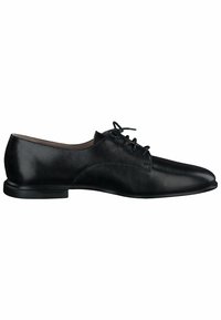 Chaussure habillée en cuir noir avec une texture lisse, un bout arrondi et un design à lacets. Présente un éclat subtil et une semelle en caoutchouc fine.