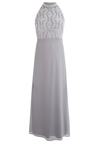 Grey halter neck dress featuring a patterned bodice and flowing skirt. Material is smooth, with a textured design on the upper portion.