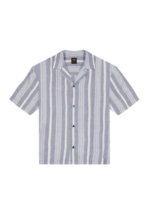 Kurzärmliges Hemd mit Knopfleiste, vertikalen Hellgrau-, Weiß- und Lavendelfarbenen Streifen und einem Camp-Kragen.