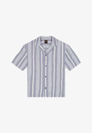 Īsroku krekls ar pogām, vertikālām gaiši pelēkām, baltām un lavandas krāsas svītrām un kempinga apkakli.