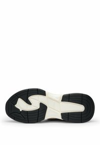 Shoe sole with a black rubber outsole, textured for grip, cream midsole, featuring a unique design pattern and brand logo embossed.