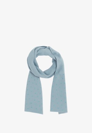 Sciarpa rigata azzurro chiaro con piccole decorazioni rotonde disposte in un motivo diagonale. Texture morbida con una forma rettangolare classica.