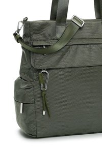 Dark green textured fabric bag with adjustable shoulder strap, silver zippers, and a small front pocket with a metal carabiner clip.