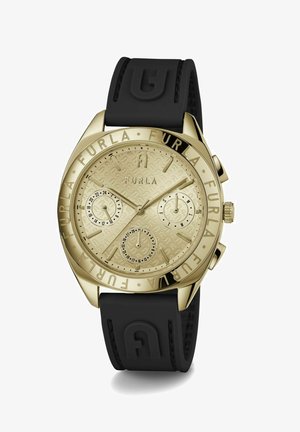 Orologio cronografo in tono oro con tre quadranti, centro testurizzato e cinturino in gomma nera con logo in rilievo. Cassa rotonda di dimensioni generose.