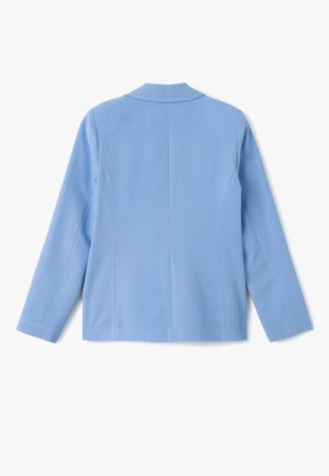 Hellblaues Blazer mit strukturierter Bauweise, ausgestattet mit Reverskragen und langen Ärmeln. Glattes Material mit klaren Linien und subtilen Nahtdetails.