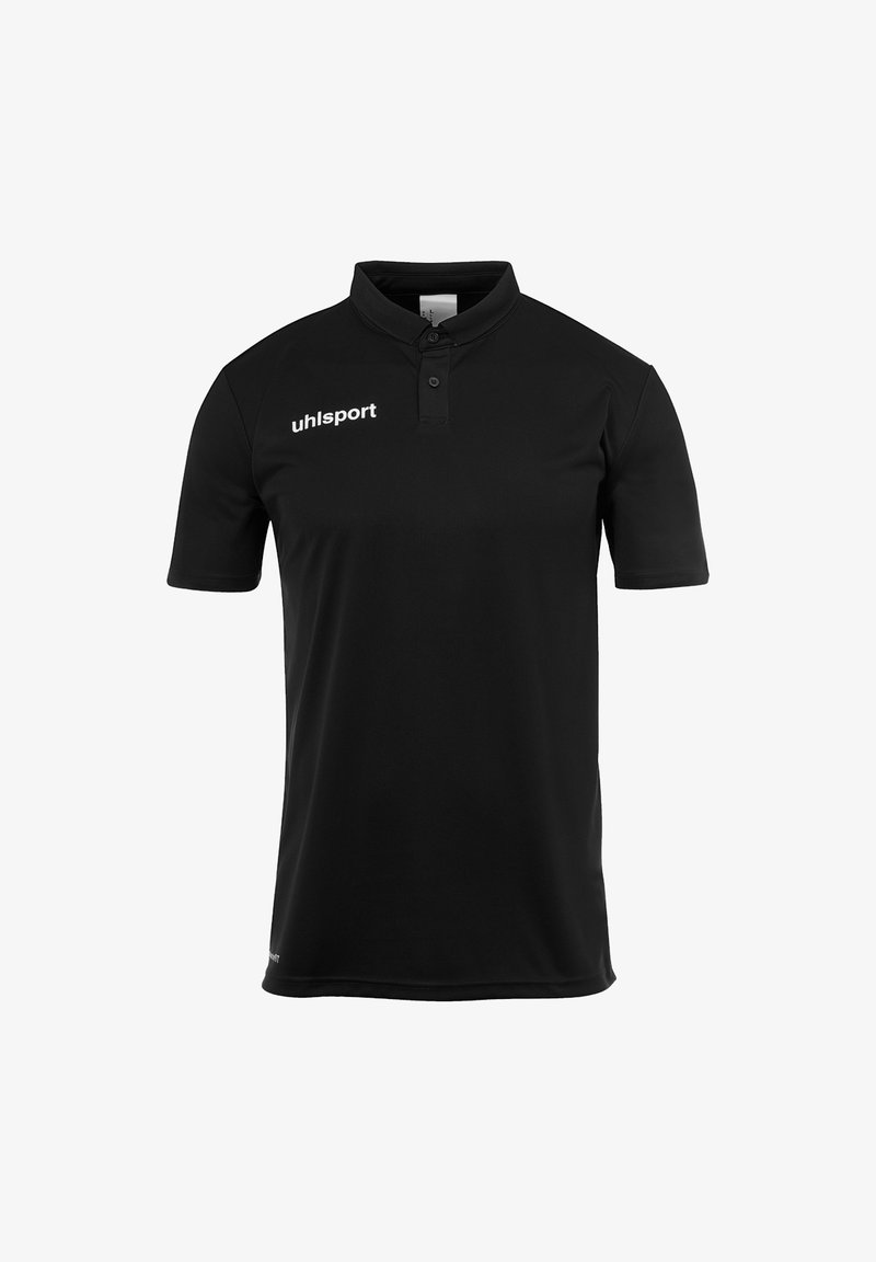 Sort polo skjorte lavet af glat stof, med en to-knap halsudskæring, korte ærmer og "uhlsport" logo i hvidt på venstre bryst.