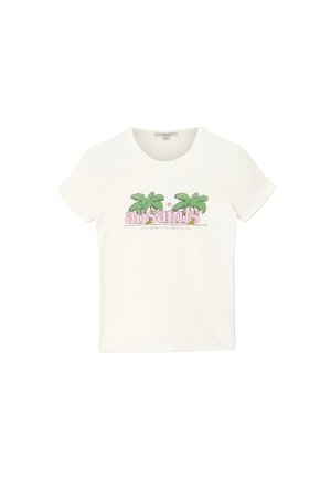 T-shirt bianca a maniche corte con scritta rosa "all saints" e grafica di due palme verdi sul petto.