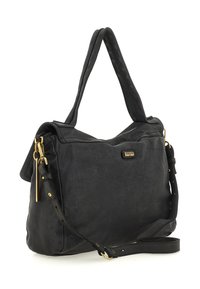 Borsa a mano in pelle nera con due manici, accessori in oro e una piccola placca rettangolare con logo sul davanti.