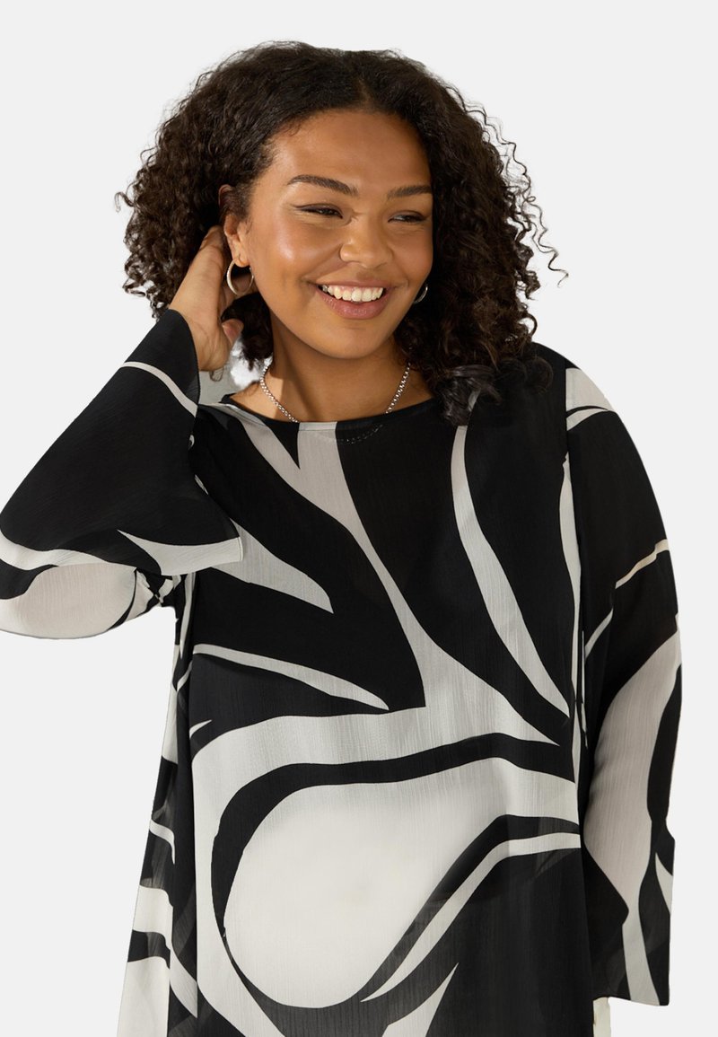 Live Unlimited London MONO SWIRL PRINT HIGH LOW CHIFFON Blus black