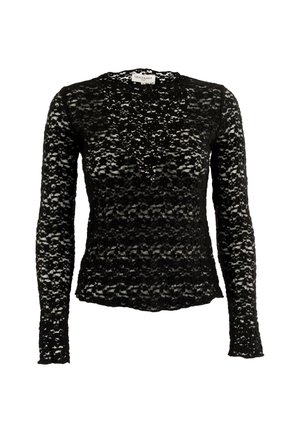 Top in pizzo nero a maniche lunghe, aderente, con motivo floreale, scollo a girocollo e orlo e polsini leggermente ondulati.